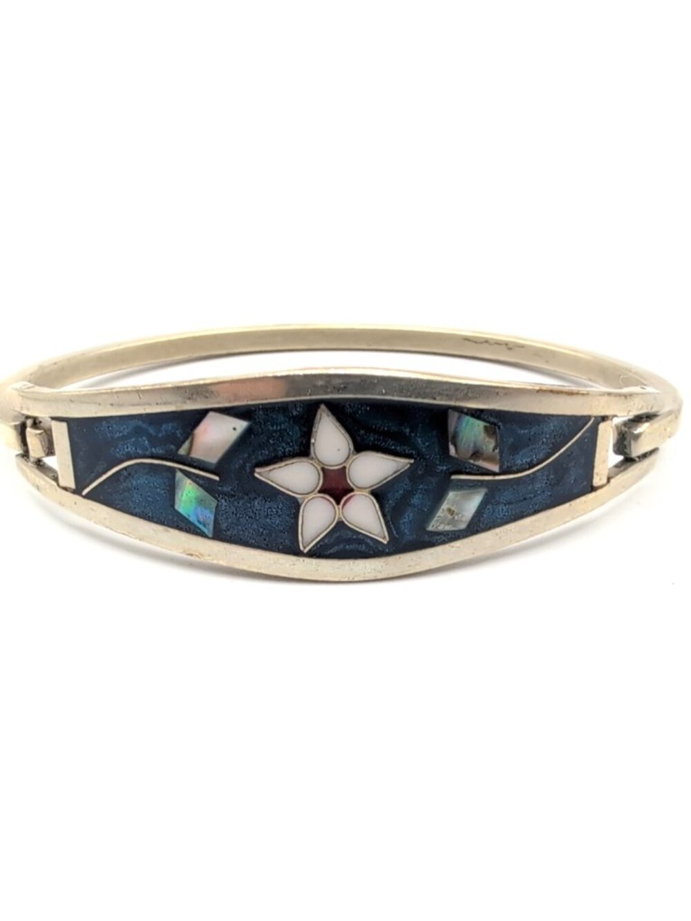 Vintage Mexico Abalone Shell and Enamel Floral Clasp Bracelet Silver Tone GUC